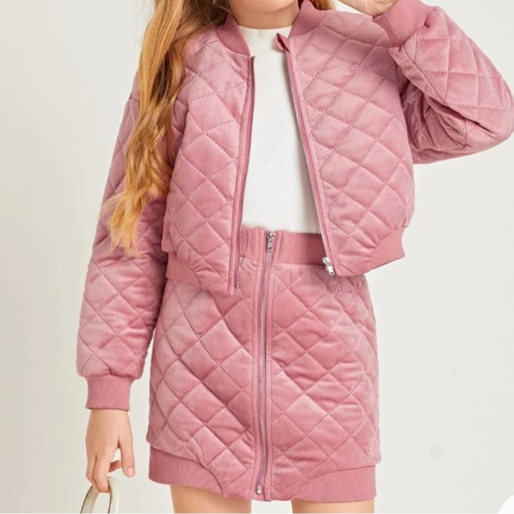 SHEIN Girls Zip Up Letter Embroidery Quilted Velvet Jacket & Skirt Set 1…